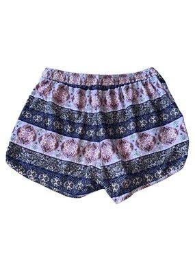 Women's Pink and Purple Patterned Elastic-Waist Drawstring Shorts w Pockets